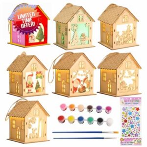 Tulov 7 Pieces Christmas Tea Light House Craft Set Children - Wooden Kit for Painting