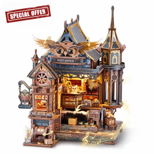 LED 3D Wooden Puzzle Owl Post Office - Dynamic Model with Mechanical Gears