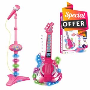 Kids Electric Guitar And Microphone Set – Music Instrument Playset | Electric Musical Guitar Play Set Toy With Music And Light Microphone With Adjustable Height Stand Fo