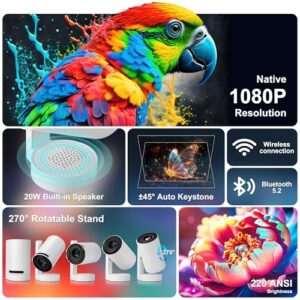 Portable Projector for Bedroom Support 4K 1080P Auto Keystone 180° Rotatable