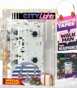 CityLights Walkman Retro Cassette Player Transparent Design Bluetooth FM Radio 80s 90s Nostalgic Style Wired Headphones Excellent Sound Quality Portable Ideal for Collectors and