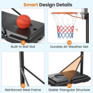 Adjustable High128CM-305CM Portable 10ft Basketball Hoop Net Set with 110x75cm Backboard Professional Basketball Stand with Wheels for Adults