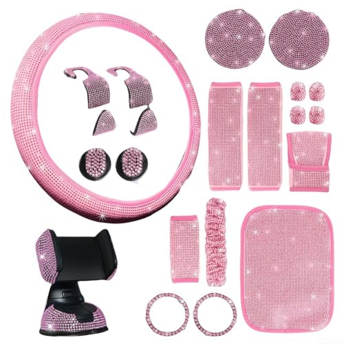 With Rhinestone Steering Wheel Cover Phone Holder Coaster Seat Belt Cover For Women(Pink)