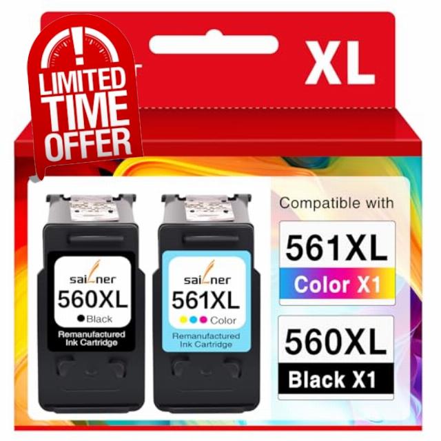 SAILNER 560 561 XL Ink Cartridges Remanufactured for Canon 560 561 Ink Cartridges PG-560XL CL-561XL 560XL 561XL for Pixma TS5350 TS7451 TS7450 TS5351 TS5350a TS5351 TS5352 (1 Black 1 Colour