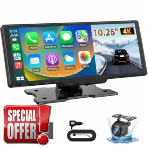 Wireless Carplay & Android Auto 10.26" Screen | Apple Car Play with 4K Dash Cam & Reversing Camera | GPS Navigation & Voice Control | Carplay Screen for Car Easy Fit Cars