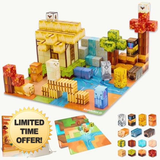 Magnetic Building Blocks Savannah Squad – 150 Terrain & Animals Cubes + 1 Double-Sided Magnetic Board | Montessori Educational Construction Toy for Boys & Girls Age 3+ | STEM Sensory Gif
