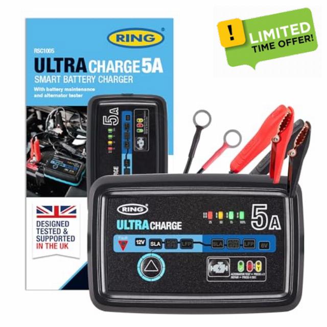 RING ULTRACHARGE 5A Smart Car Charger & Battery Maintainer With Built-In Alternator Testing - Compatible With Lithium Ion