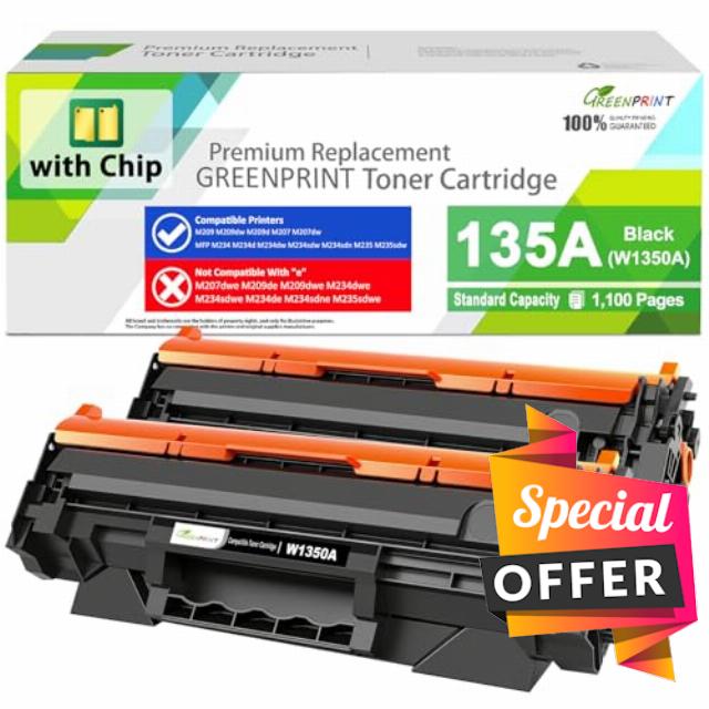 GREENPRINT WITH CHIP Compatible Toner Cartridge 135A W1350A 2 Blacks 1100 Page for M207 M207dw M209 M209d M209dw M234 M234d M234dw M234sdw M234sdn M235sdw