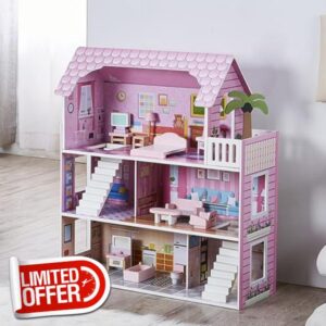 Kids Dollhouse - Pink Wooden Doll House with 10-Piece Mini Furniture Set