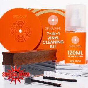 Vinyl Record Cleaning Kit | Spincare 7-in-1 LP Album Care Set | Solid Wood Velvet Record Brush & Dust Cover | Cleaning Solution 120 ml | Stylus Brush & Dust Cover | Label Protector | Microfibre Cloths