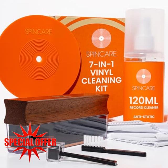 Vinyl Record Cleaning Kit | Spincare 7-in-1 LP Album Care Set | Solid Wood Velvet Record Brush & Dust Cover | Cleaning Solution 120 ml | Stylus Brush & Dust Cover | Label Protector | Microfibre Cloths