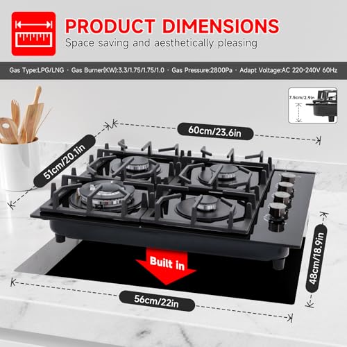 Built in Black Glass Gas Hob with Flame Out Protection