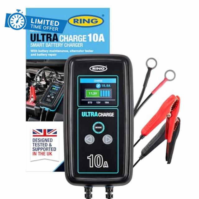 RING ULTRACHARGE 10A Smart Car Charger & Battery Maintainer With Alternator Testing And Power Supply Mode - Compatible With Lithium Ion