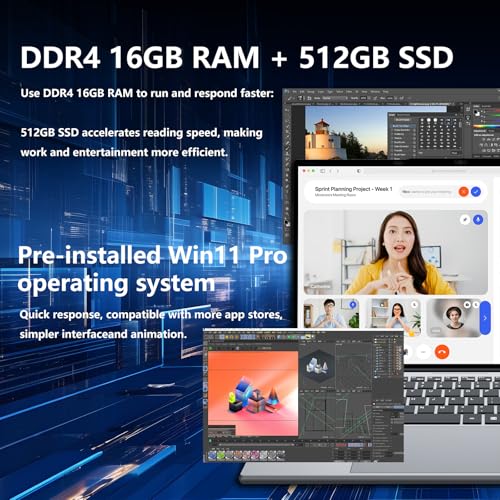 16GB DDR4 RAM 512 GB SSD Laptops Computer with 1920x1080 Display Win 11 Pro