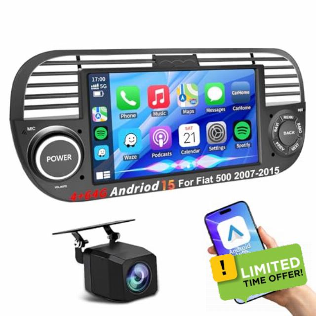 4+64G Android 15 Car Stereo for Fiat 500 (2007-2015) Wireless CarPlay & Android Auto &MIrror Link