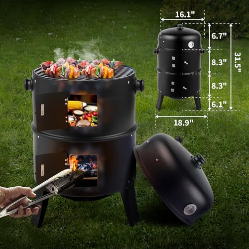 3 in 1 Round BBQ Charcoal Grill with Adjustable Vent & Integrated Thermometer
