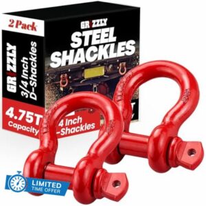 Grizzly D Ring Shackles (2 Pack) 3/4 INCH - Red - Heavy Duty Forged Steel with 4.75 Ton Capacity - Ideal for Jeeps
