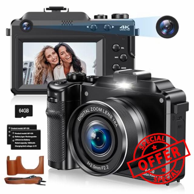 4K 64MP Digital Camera for Beginners Teens – Dual Lens Vlogging Camera with 32GB SD Card