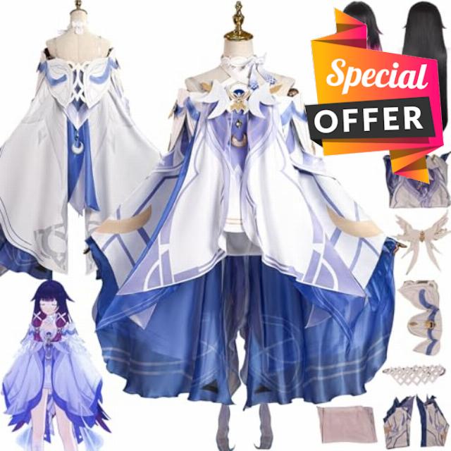 Genshin Impact Columbina Cosplay Costume Outfit Game Character Varesa Uniform Full Set Halloween Carnival Party Dress Up Suit with Wig Headdress Eye Mask for Wome