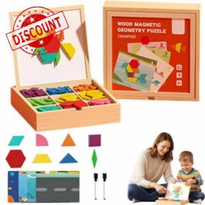 Wooden Magnetic Pattern Block Puzzle Set with 280pcs Tangram Puzzles Blocks+18 Question Types (540 question)+8 Scene Cards+2 Pens