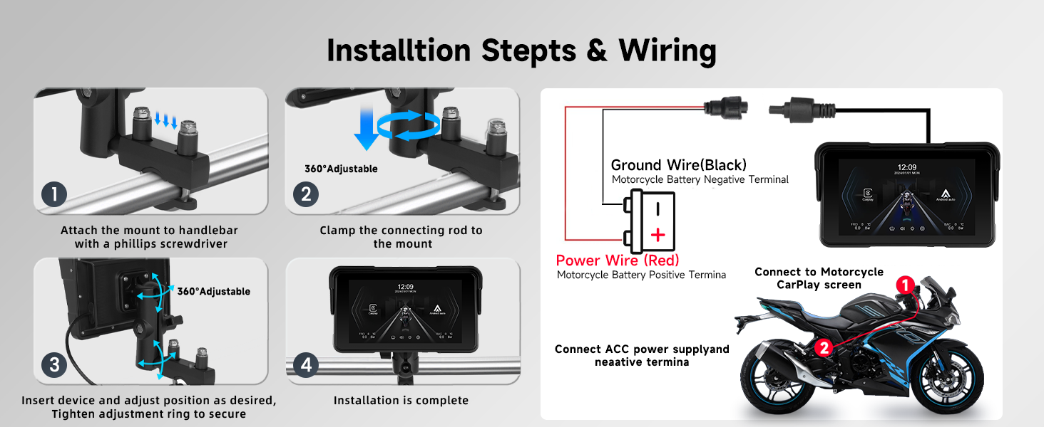 Text reads 'Installation Steps & Wiring'. Technical installation diagram showing step-by-step mounting instructions for electronic device with motorcycle application.