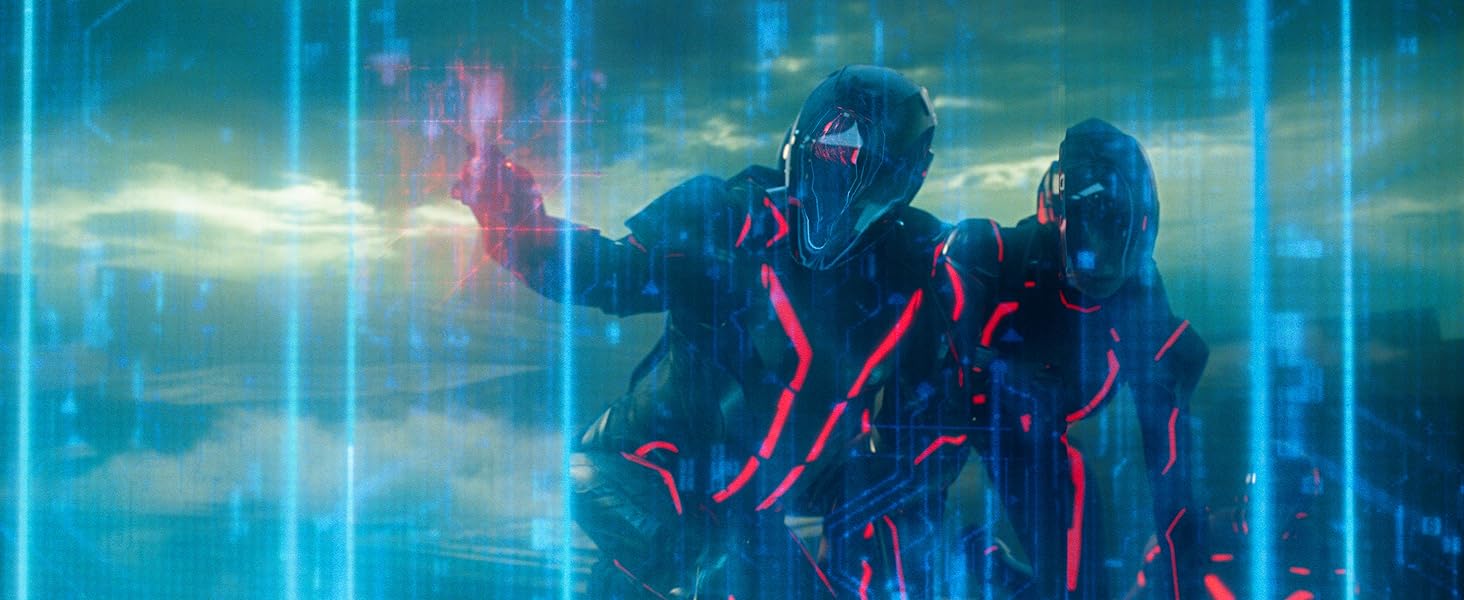 Dramatic sci-fi themed digital art scene featuring mechanical or robotic figures illuminated by red lighting and atmospheric effects in a dark industrial setting.