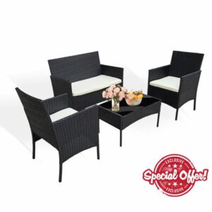 4-Piece Rattan Patio Furniture Set - Outdoor Wicker Sofa & Chairs with Coffee Table
