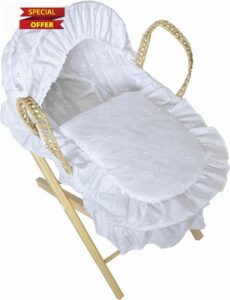 Dolls Moses Basket With Stand – Broderie Anglaise Bedding