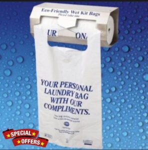 1000 (4x250) Disposable Printed Wet Kit Bags in a White HD Poly Material. Printed in Blue Text 'Your Personal Laundry Bag with our Compliments'