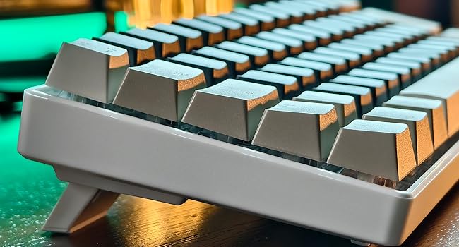Close-up shots of a mechanical keyboard, showing illuminated keys and details of the key switches in various lighting conditions.
