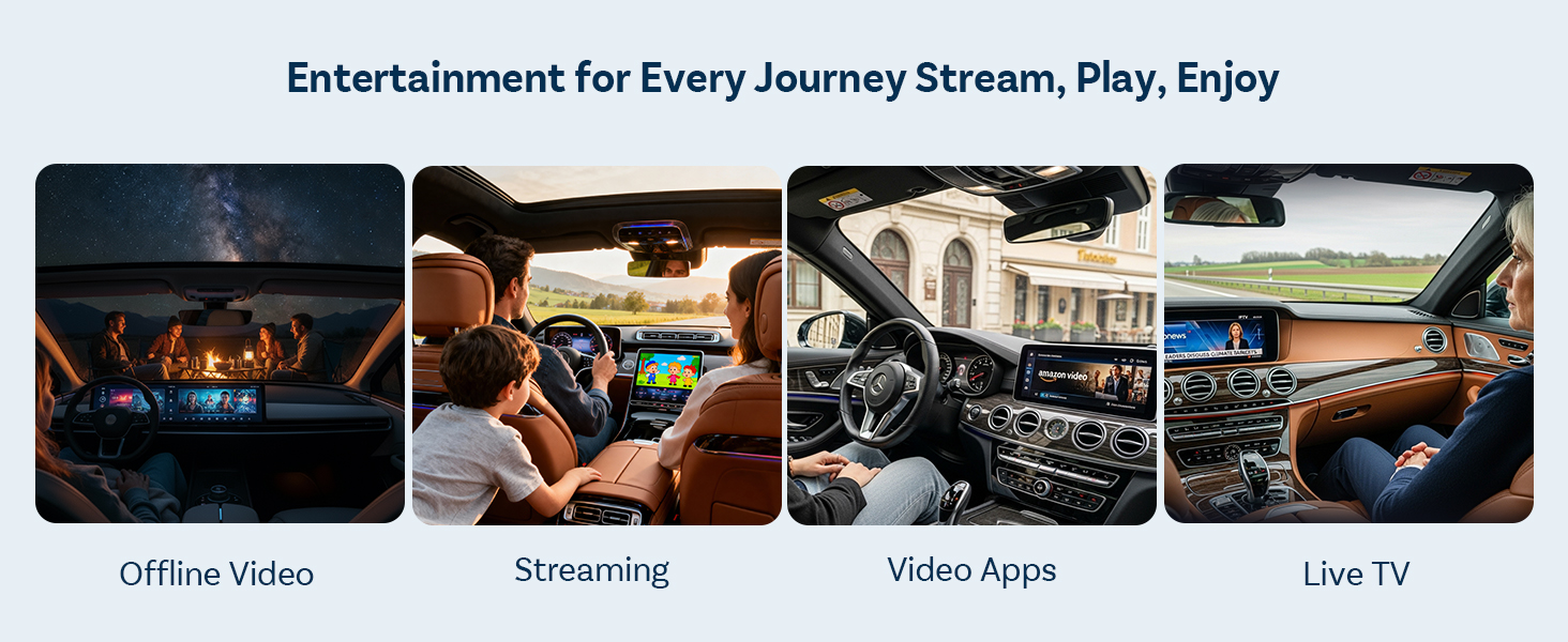 Text reads 'Entertainment for Every Journey Stream, Play, Enjoy'. Four panel display showing vehicle entertainment options: 'Offline Video, Streaming, Video Apps, Live TV'. Interior car views with multimedia screens.
