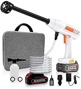 Cordless pressure washer set with gun, nozzles, hose, foam cannon, batteries, and carrying case. Features 24V battery, multiple attachments, and water splash effect for demonstration.