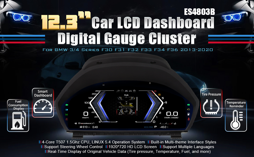 Text reads 'Car LCD Dashboard Digital Gauge Cluster FS4038B'. Digital automotive dashboard display showing various illuminated gauges and indicator icons in blue lighting.