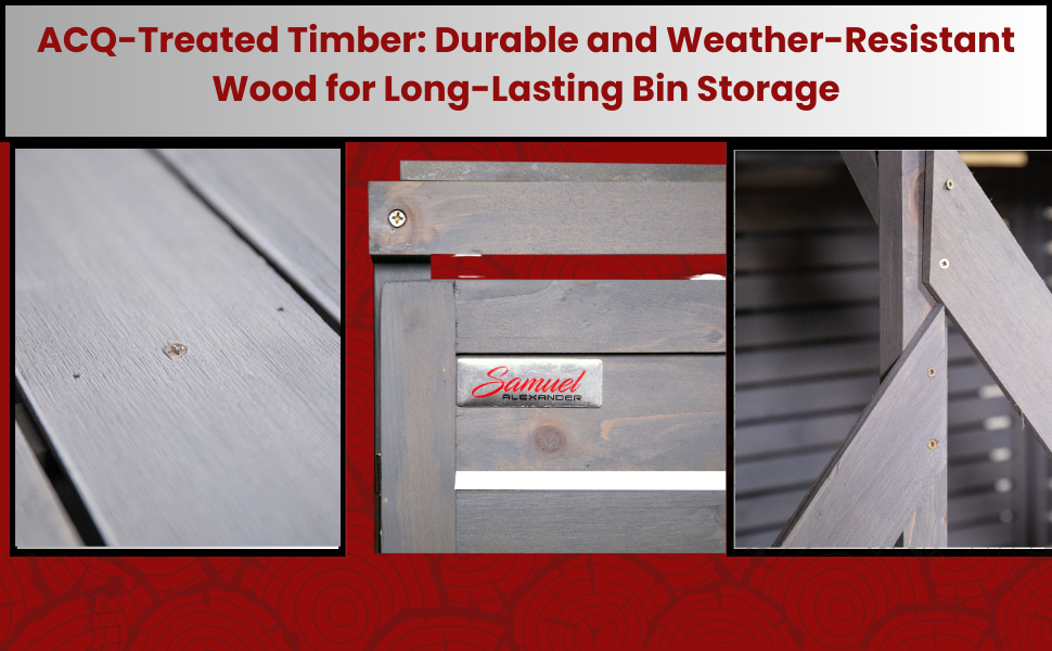 Three close-up images showing ACQ-treated timber surfaces used in bin storage construction, displaying weather-resistant wood features.