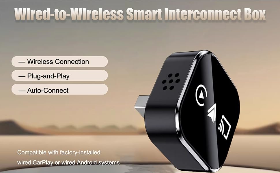 Text reads 'Wired-to-Wireless Smart Interconnect Box'. Black device shown against desert background with interface indicators for 'Wireless Connection', 'Plug-and-Play', and 'Auto-Connect'.