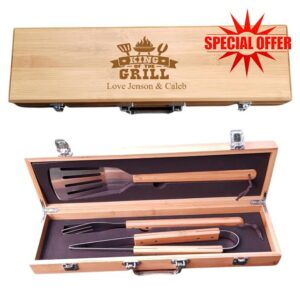 [Custom] Personalised Engraved King Of The Grill Design Luxury Bamboo BBQ Tools Set Fathers Day Birthday Christmas Wedding Retirement Anniversary