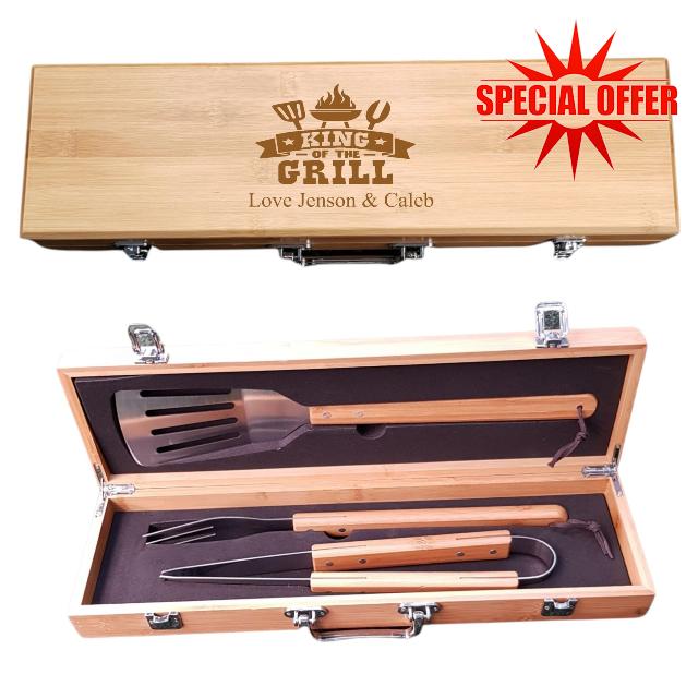 [Custom] Personalised Engraved King Of The Grill Design Luxury Bamboo BBQ Tools Set Fathers Day Birthday Christmas Wedding Retirement Anniversary