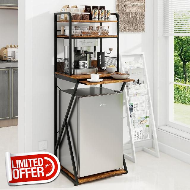 PUNCIA 4-Tier Mini Fridge Stand with Storage – Free Standing Refrigerator Cabinet Coffee Bar Organizer Microwave Oven Shelf Bakers Rack for Home Office Dorm Pantry Kitchen Apartme