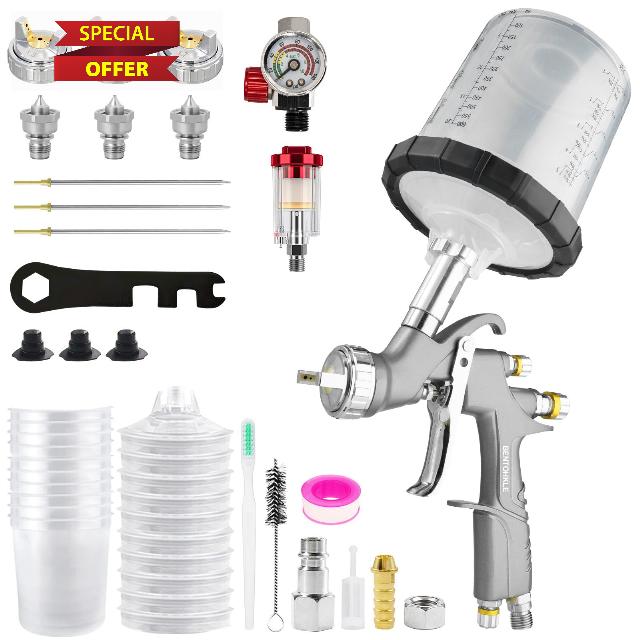 D1 LVLP Air Spray Gun Kit with 10Pcs 600ML Disposable Mixing Cups 1.3/1.5/1.7mm Nozzles Automotive Paint Gun Car Paint Sprayer for House Painting Furniture DIY