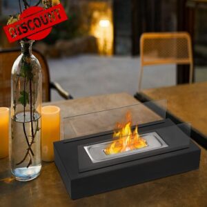 Modern Black Firepit with Black Metal Housing (Rectangular with 2-Side Glass) - Stylish Outdoor Fire Bowl for Patio
