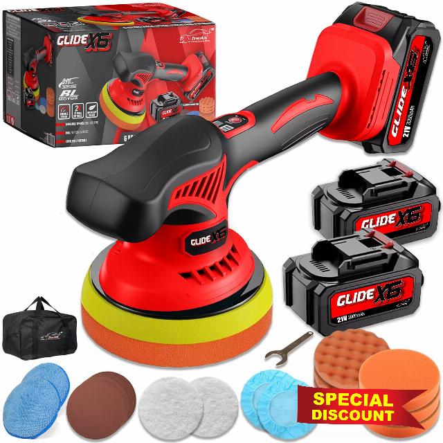 Xtremeauto Glide X6 Cordless Car Polisher – 6-Speed Dual-Action 21 mm Orbit Buffer with 2× 21 V 4.0 Ah Batteries