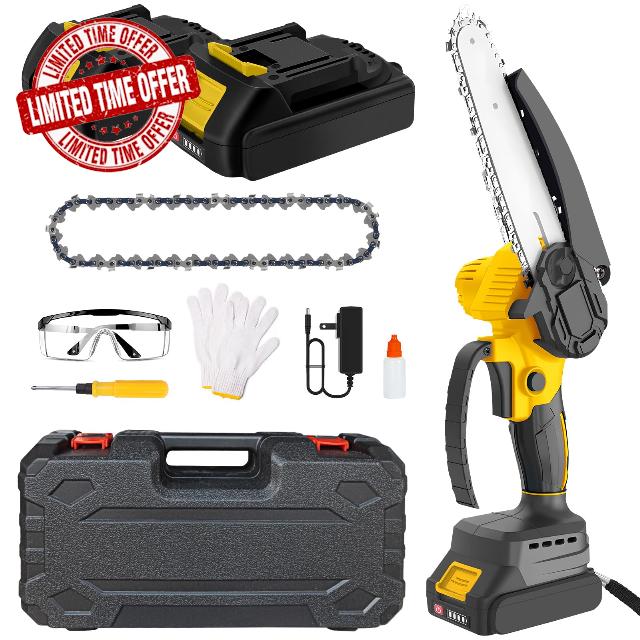 Mini Chainsaw，6-Inch Brushless Motor Cordless Chainsaw with 2 Batteries and 2 Chains