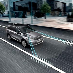 Vehicle dashboard interface showing multiple connected technology icons in blue, including WiFi, navigation, and system controls floating above the dashboard display.