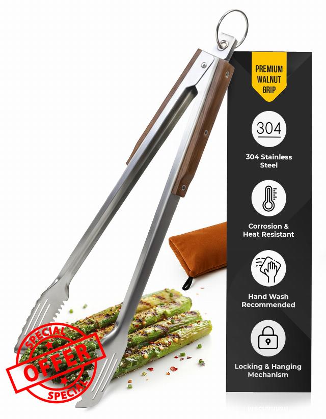 17-Inch Grill Tongs for Outdoor Grilling - Heavy Duty Stainless Steel Tongs with Luxurious Walnut Grip & Premium Gift Pouch - Extra Long BBQ Tongs for Grilling