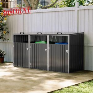 Warmiehomy Wheelie Bin Storage 3 Bin Storage for Wheelie Bins Galvanized Steel Outdoor Garbage Can Store with Locking Door Triple Wheeled Bins Hideaways with Lifting Lids