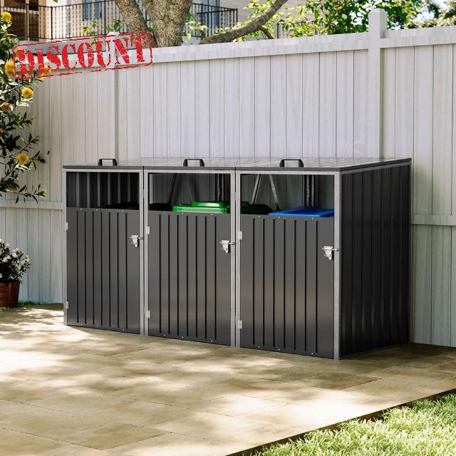 Warmiehomy Wheelie Bin Storage 3 Bin Storage for Wheelie Bins Galvanized Steel Outdoor Garbage Can Store with Locking Door Triple Wheeled Bins Hideaways with Lifting Lids