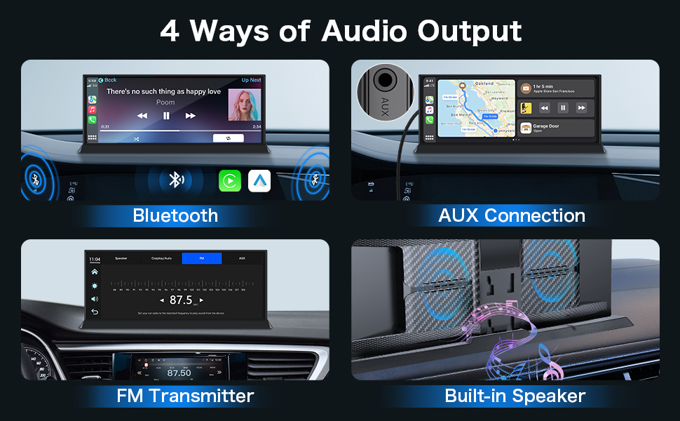 Text reads 'Seamless Integration of Smartphone Functions'. Series of smartphone interface screenshots showing car-related apps and navigation features with iOS-style design.
