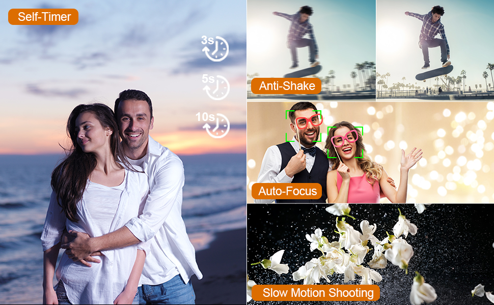 Text reads 'Flip Self-Timer Function'. Shows camera interface with self-timer feature against orange background.