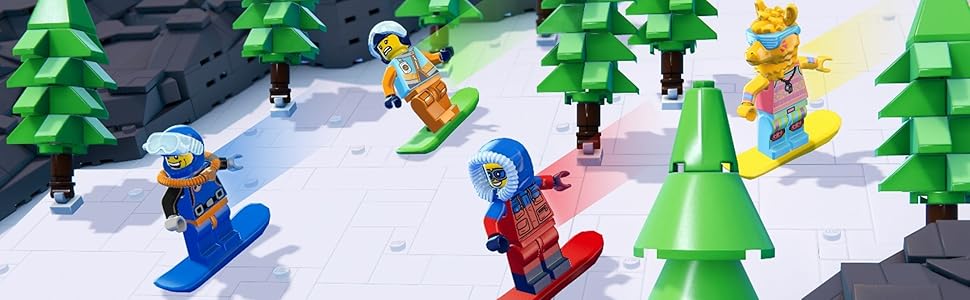Animated winter scene showing colorful characters snowboarding among green trees on snowy terrain, appears to be from a video game or animation.