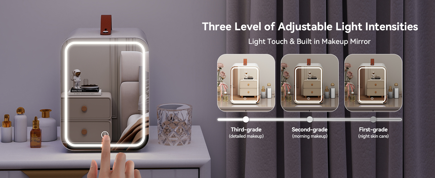 Text reads 'Three Level of Adjustable Light Intensities'. Series of images showing adjustable lighting settings with three different brightness levels demonstrated.